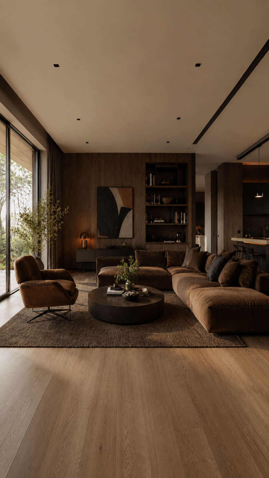 Luxury warm tone living space with arched mirror